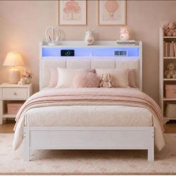 Twin Bed Frame with LED Lights and Charging Station, Upholstered Storage Headboard, Metal Platform Twin Bed Frames with Metal Slats, No Box Spring Nee