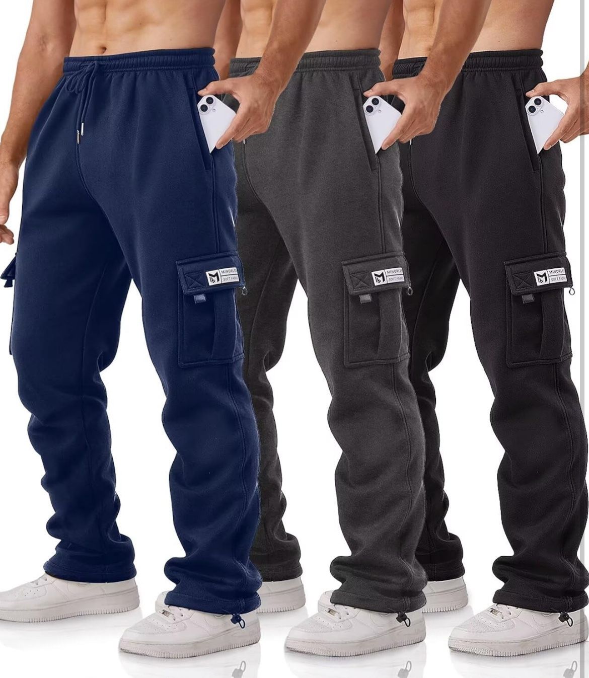 3 Pack Cargo Sweatpants for Men Relaxed Fit Mens Joggers with Pockets,Fleece Hiking Tactical Workout Pants Casual