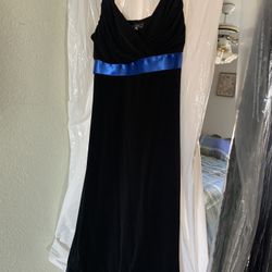 Holiday Dress- Wedding Guest Dress Black With Blue Ribbon At Bustline . Small Ruffle attached to underslip to give