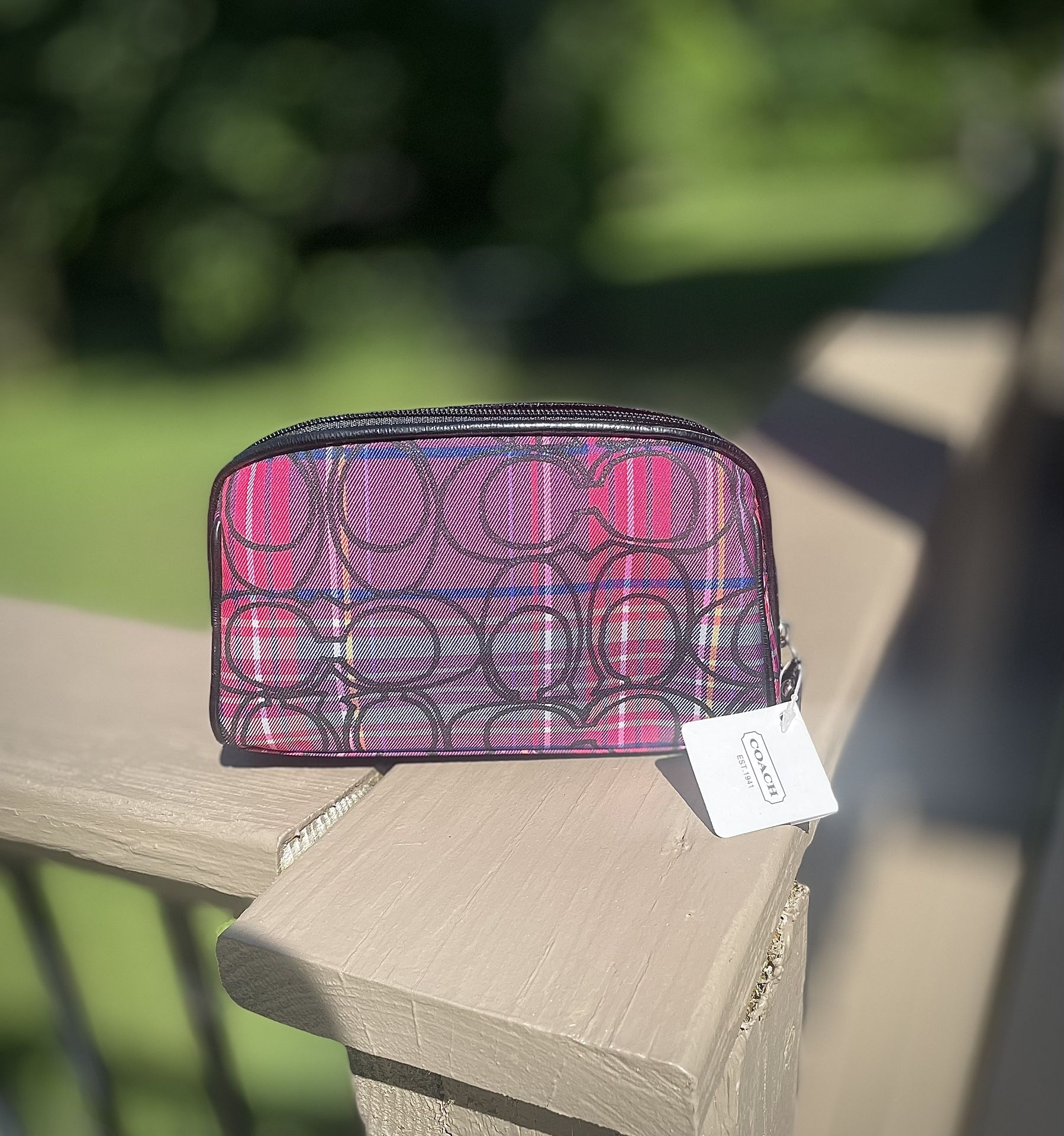 Coach Poppy Signature C Print Tartan Plaid Glitter Zip Clutch Pouch NWT