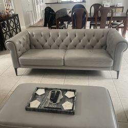 Leather Couch, Leather Ottoman, Velvet club chairs 