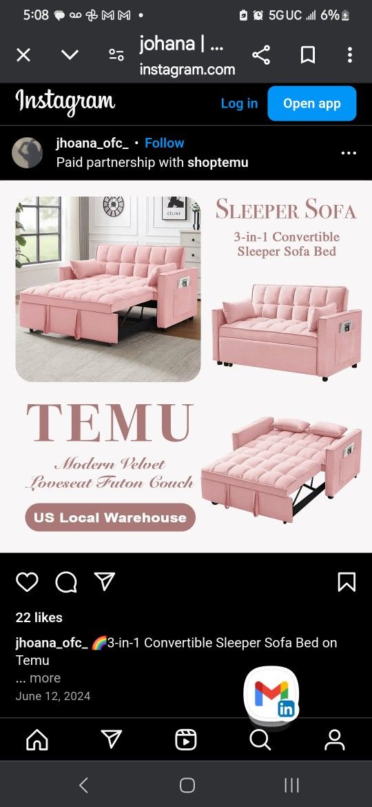 Two Person Temu Sofa Bed With Pull Out Tray And Phone Holster