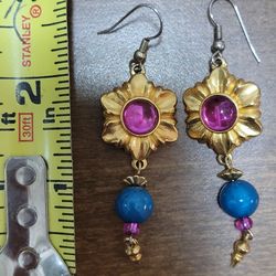 Vintage dangle statement costume earrings hot pink, aqua, gold