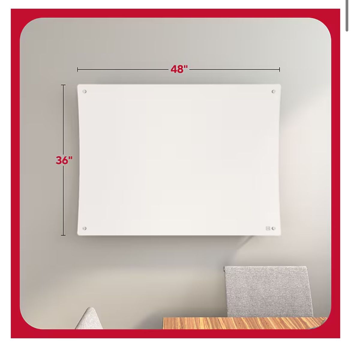 NEW TRU RED Ergonomic Curved Magnetic Glass Dry-Erase Whiteboard, 4' x 3'