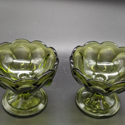 Vintage Anchor Hocking Glass Pedestal  Dish Avocado Green Dish.