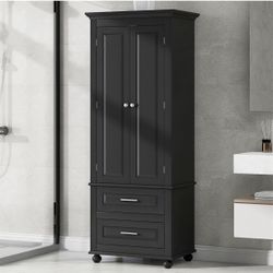 Newly assembled  Bathroom Storage Cabinet with 2 Drawers, 3-Tier Adjustable Shelves & 2 Doors