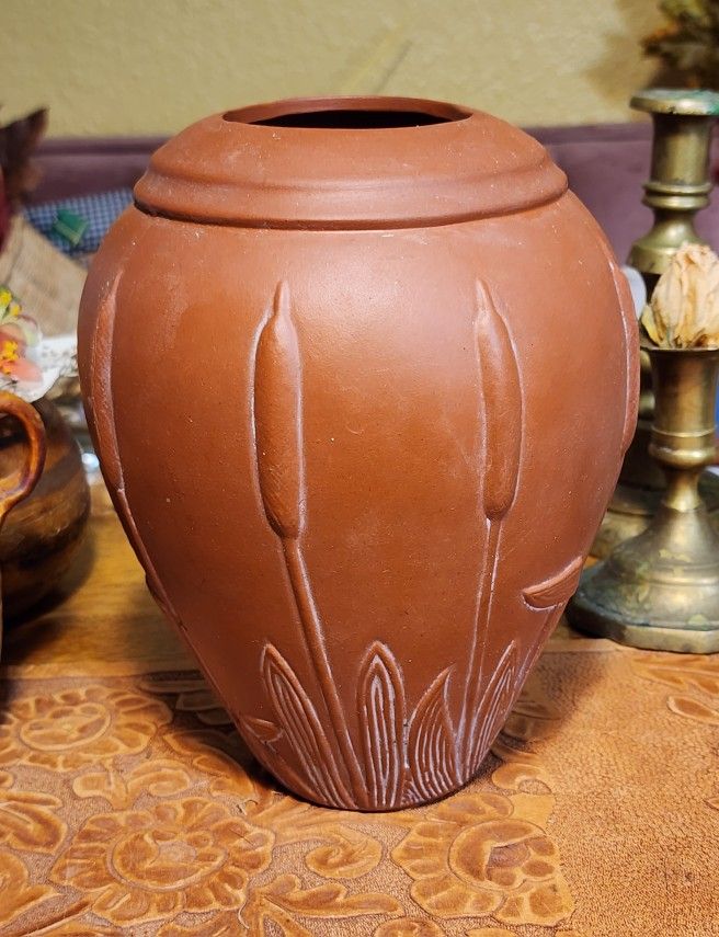 Vintage Teleflora Terracotta Vase with Raised Cattail Design