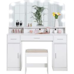 Large Vanity Set with Large Lighted Mirror, Vanity Table with Drawers, 2 Storage Cabinets & Cushioned Stool Dressers for Bedroom