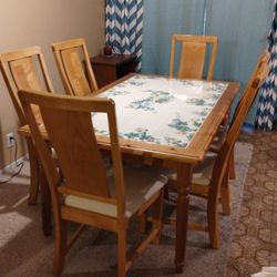 Italian Hand Painted Kitchen Table..Grape Vine Design!@..Solid Wood And Tile Top..Size 62x38 Wide 30 Inches Tall...6 Padded Solid Wood Kitchen Chairs.