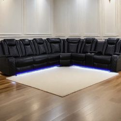 Power Electric Black Leather Fully Reclining Wrap Around Sectional Couch