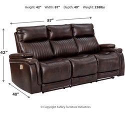Signature Design by Ashley Team Time Modern Faux Leather Power Reclining Sofa with Adjustable Headrest, Dark Brown