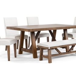 Rustic Solid Wood 6 Piece Rectangle Dining Table Set with Upholstered Chairs and Bench