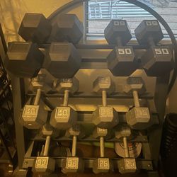 Hex Dumbbell Set 25-60 lb + Rack (480 lbs total)