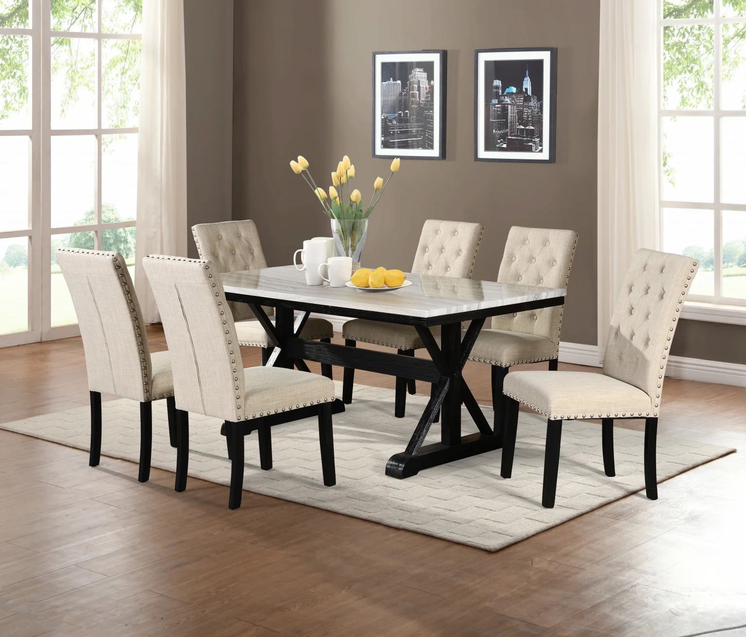 New 7-pc Dining Set Faux White Marble With Black Wood