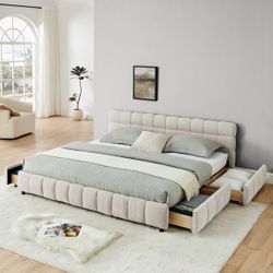 King Size Upholstered Bed,comfortable upholstered bed frame, Chenille fabric, with headboard and solid bed frame. with drawer for storage.-Beige(88.5"