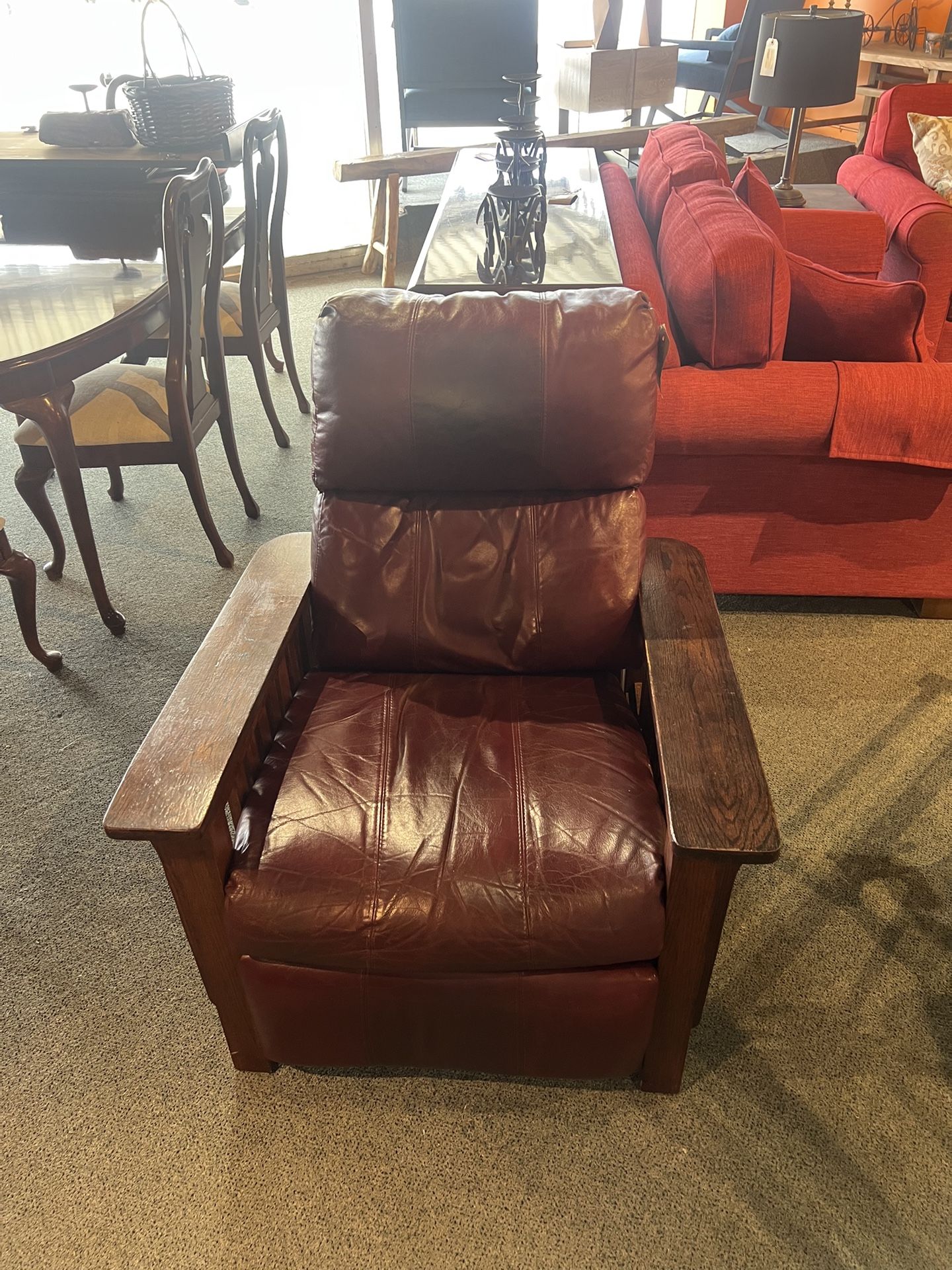 Recliner Chair: Mission Style Recliner Chair W/ Burgundy Leather Seat & Wooden Frame as-is SKU C6ST1H