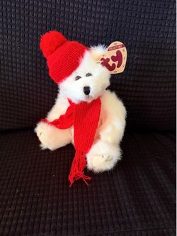 Ty Attic Treasures Peppermint White Teddy Bear – Red Hat & Scarf – Collectible – With Tag