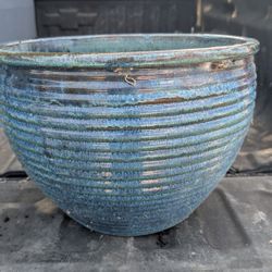 Large 16" Wide x 11.5" Tall Blue Textured Outdoor Ceramic Garden Planter Pot

