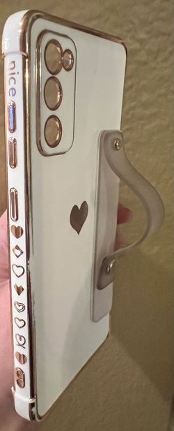 Samsung Galaxy Shockproof Protective Phone Case-Luxury with Strap Stand White and Gold Plating Heart