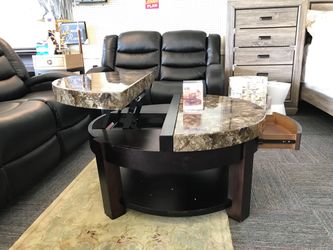 Brand new Faux Marble Top Coffee Table with pop up Service Tray and Drawer