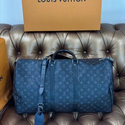 Louis Vuitton Keepall Bandoulière 55 Monogram Eclipse Coated Canvas Strap Shoulder Travel Bag Box Tag Shopping Bag