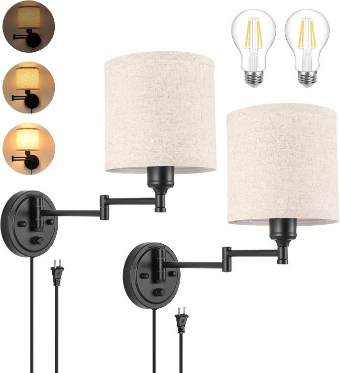 Dimmable Plug in Wall Sconces, Swing Arm Lamp, Set of Two