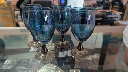 Vintage Blue Glass Goblet Set Iridescent Stemware Wine Glasses