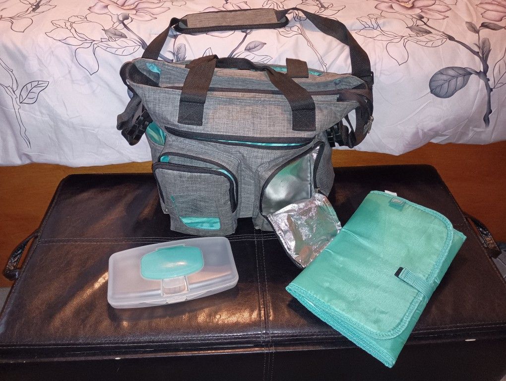 EUC Little Journey Gray and Teal Blue Diaper Bag with Accessories