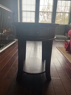 Round Wood End Table with Drawer and Storage Shelf
