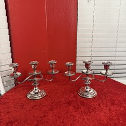 HEAVY PAIR OF THREE TWISTED ARM CANDLELABRAS  SILVER PLATED & 6 TAPER CANDLES