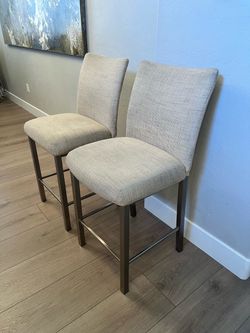 TWO Woven Cream Beige Textured Tweed Upholstery Fabric Counter Stools w/ Champagne Gold Metal Base