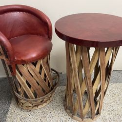 2 PC New Equípales Real Leather & Cedar Wood Padded Barstool w/ Footrest