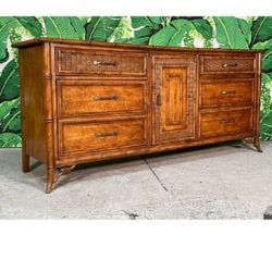 Faux bamboo vintage Hollywood regency long credenza dresser nightstand and mirror bedroom set. In good vintage condition with some scratches due to us