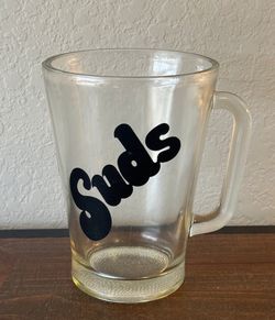 Vintage Clear Glass Pitcher with A Black "Suds" Graphic and Handle