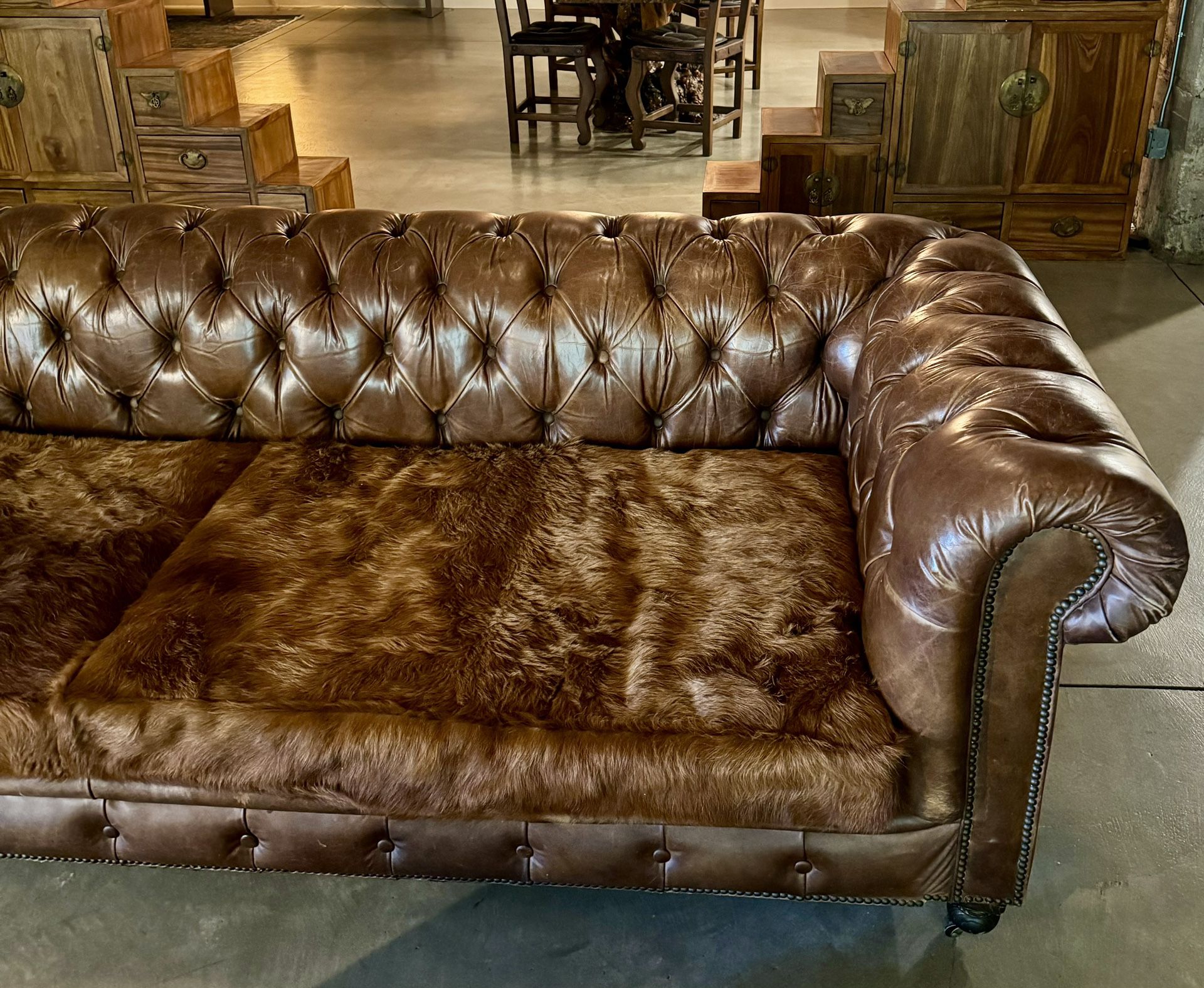 Custom Restoration Hardware Leather Couch With Fur Cushions