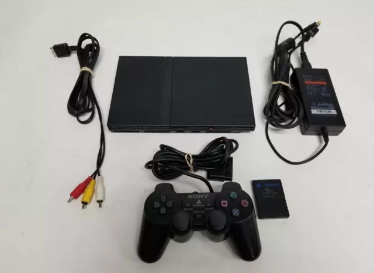 Sony PlayStation 2 PS2 Slim Black SCPH-77001 w/Controller, Adapter, Memory Card