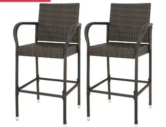 Wicker Bar Stool Rattan Chair Furniture Chair Outdoor Backyard Set of 2 Patio