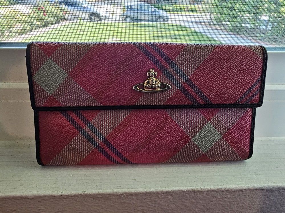 Vivienne Westwood Orbit Logo Wallet Clutch Plaid Classic Large Leather