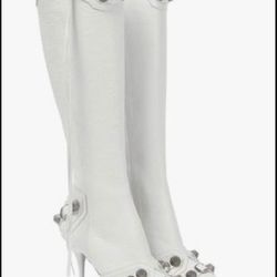 White Knee High Stiletto Boots with Tassels