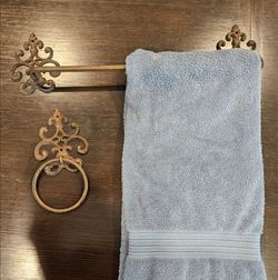 Antique Style Cast Iron Towel Bar Ring Set 2pc Ornate Scroll Rustic Bathroom