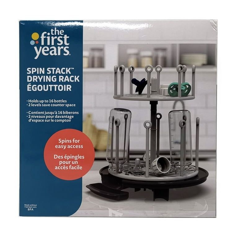 The First Years Spin Stack Bottle Drying Rack - Black - 2-Tier Rotating Countertop Drying Rack for Up to 16 Bottles - Baby Essentials for Everyday Use