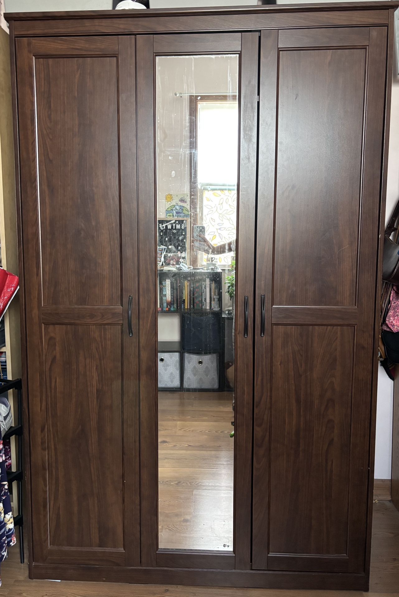 3-door Dark Brown Wardrobe With Full Length Mirror