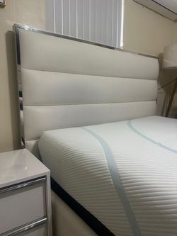 White Faux Leather Headboard with Chrome Frame