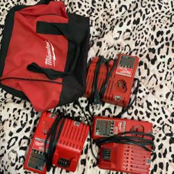 Milwaukee Drills And Battery Chargers And One Milwaukee Battery 