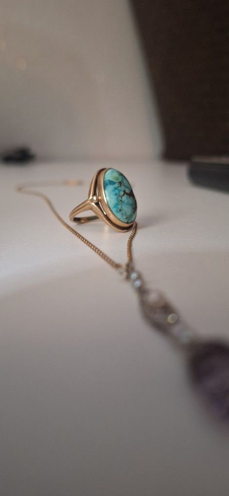 14kt Diamond Necklace 10kt Turquoise Ring