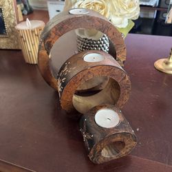 Wood Tea Cup Candle Holders Engraved With Crystals 