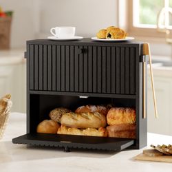 Corner Bread Box, Double Layer Farmhouse Bread Holder for Kitchen, Cabinet, Pantry (Black, Medium)