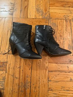 Black Croc-Embossed Lace-Up Ankle Boots