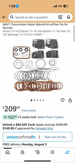 A6GF1 Transmission Master Rebuild Kit w/Filter Fits for Hyundai Accent 12-14/ Elantra 11-14, Kia Optima 11-14/ Soul 12- 14/ Sportage 11-14 2.0L # A6GF