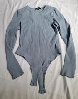 Ribbed Long Sleeve Snap-Button Bodysuit - Light Blue